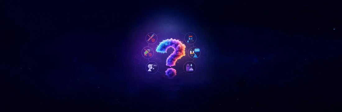 Abstract illustration showing a glowing question mark made of colourful vapour clouds, surrounded by six small circular icons representing common beginner vaping mistakes, set against a dark purple and blue background.