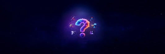 Abstract illustration showing a glowing question mark made of colourful vapour clouds, surrounded by six small circular icons representing common beginner vaping mistakes, set against a dark purple and blue background.