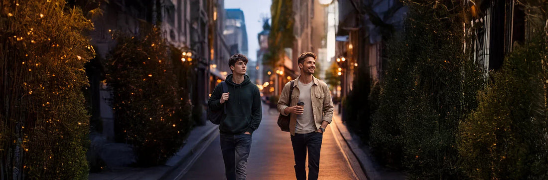 Two young men walking through an urban street in the evening, talking and relaxing, symbolising personal growth and changing preferences over time.