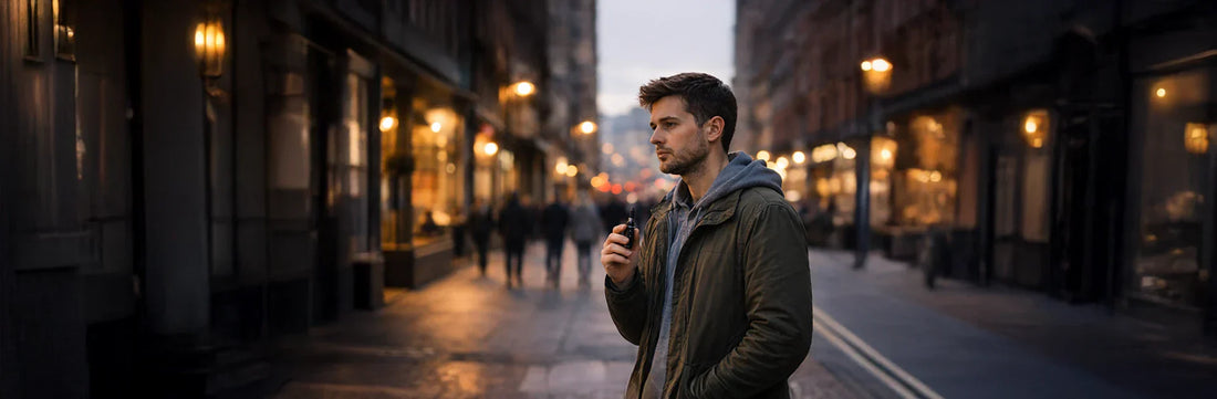 Man holding a vape device in a UK city street at dusk, illustrating responsible and discreet vaping behaviour