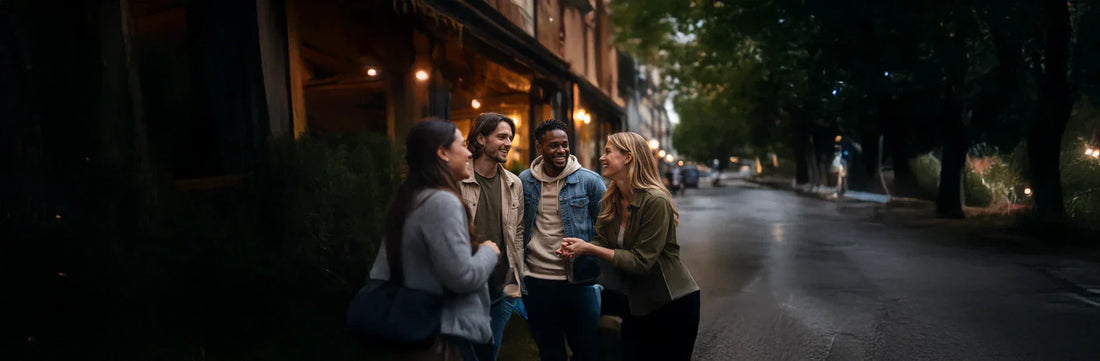 Friends having a relaxed conversation on an urban street at dusk, illustrating the importance of community and support in everyday life.