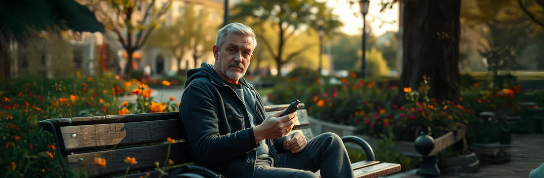 Middle-aged man sitting on a park bench holding a vape device, representing responsible personal choice and mindful vaping in a calm urban environment